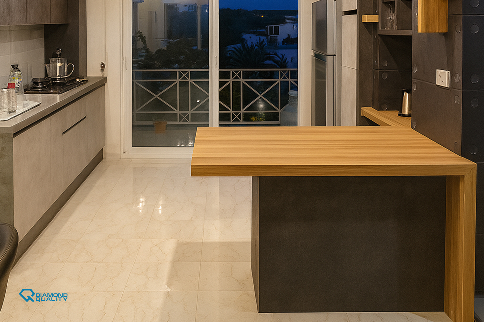 Smart minimal kitchen design featuring a modern wooden kitchen island