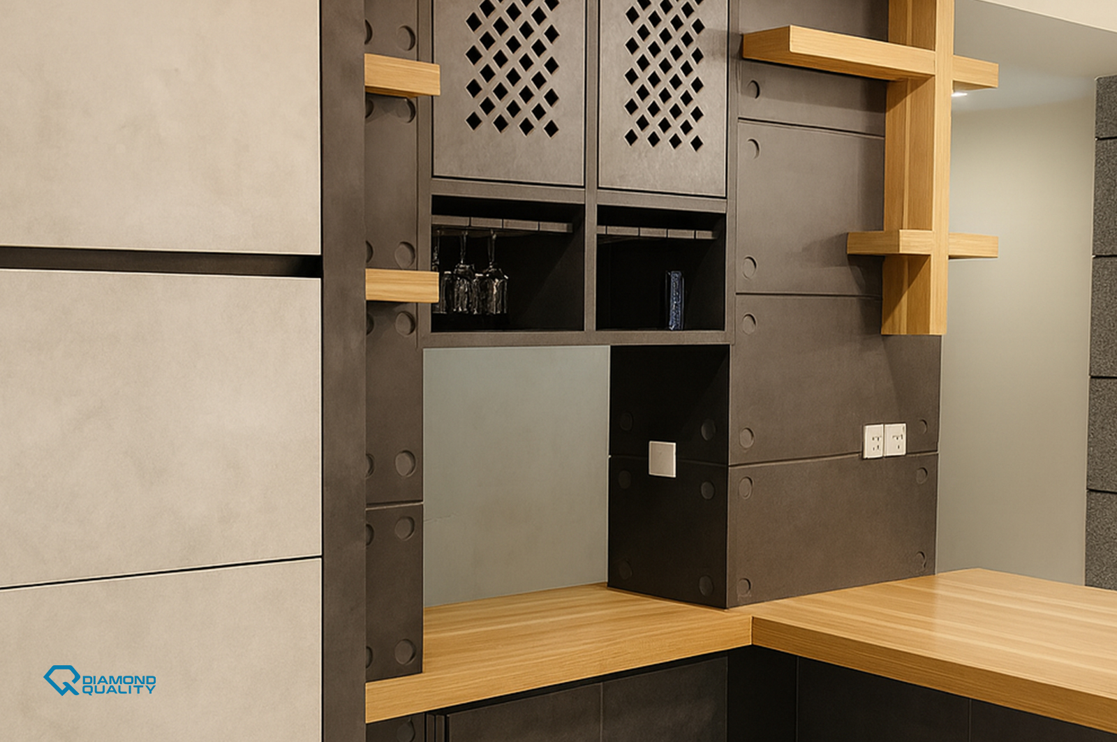 Smart minimal kitchen design with custom mesh cabinets and open storage