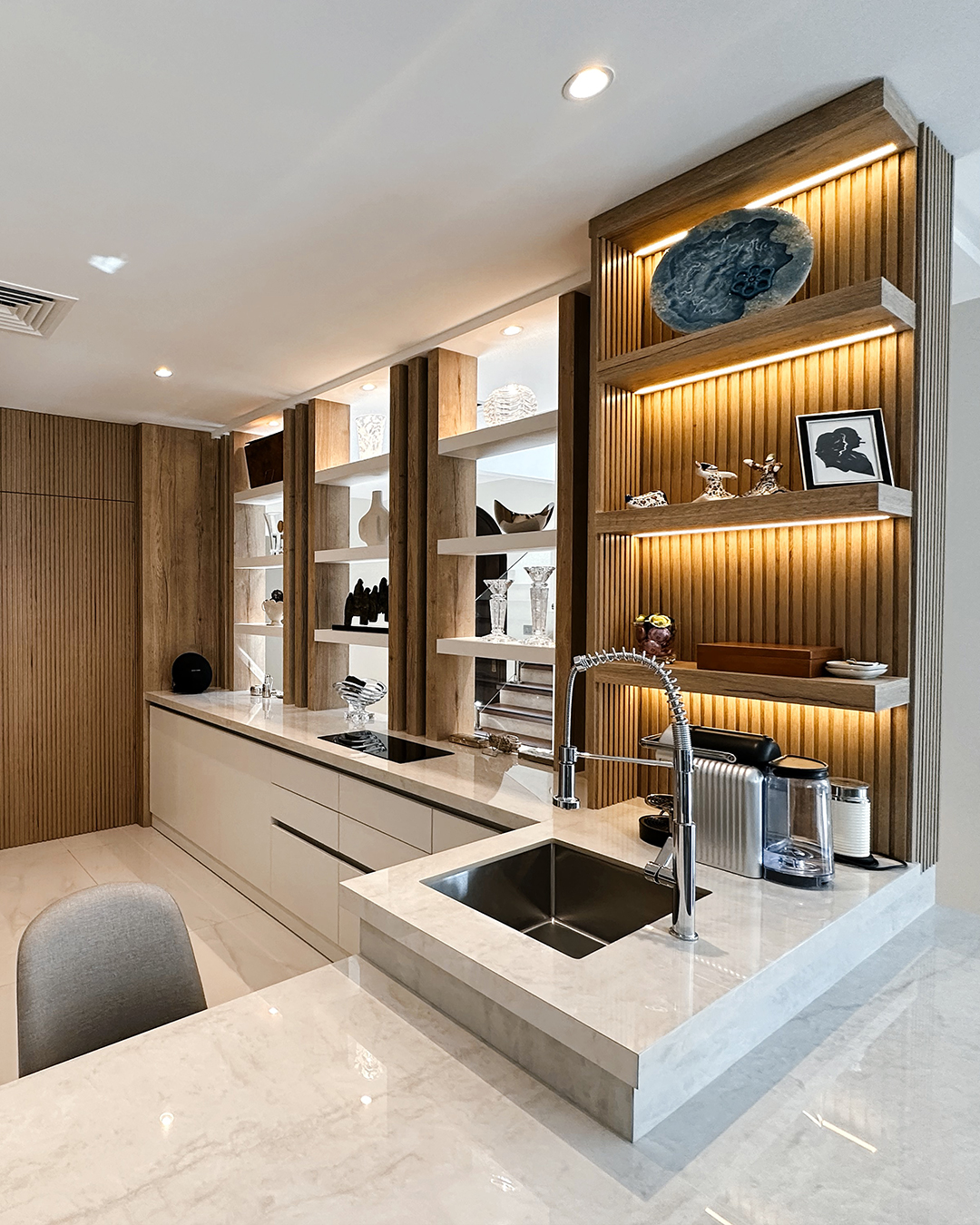 Modern Kitchen with Open Shelving and Hidden Storage