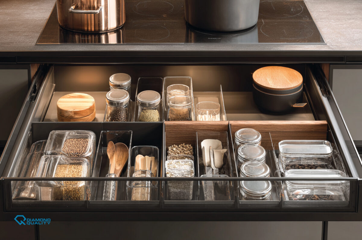 Kitchen Storage Solutions Dubai – glass sided drawer and pull-out system