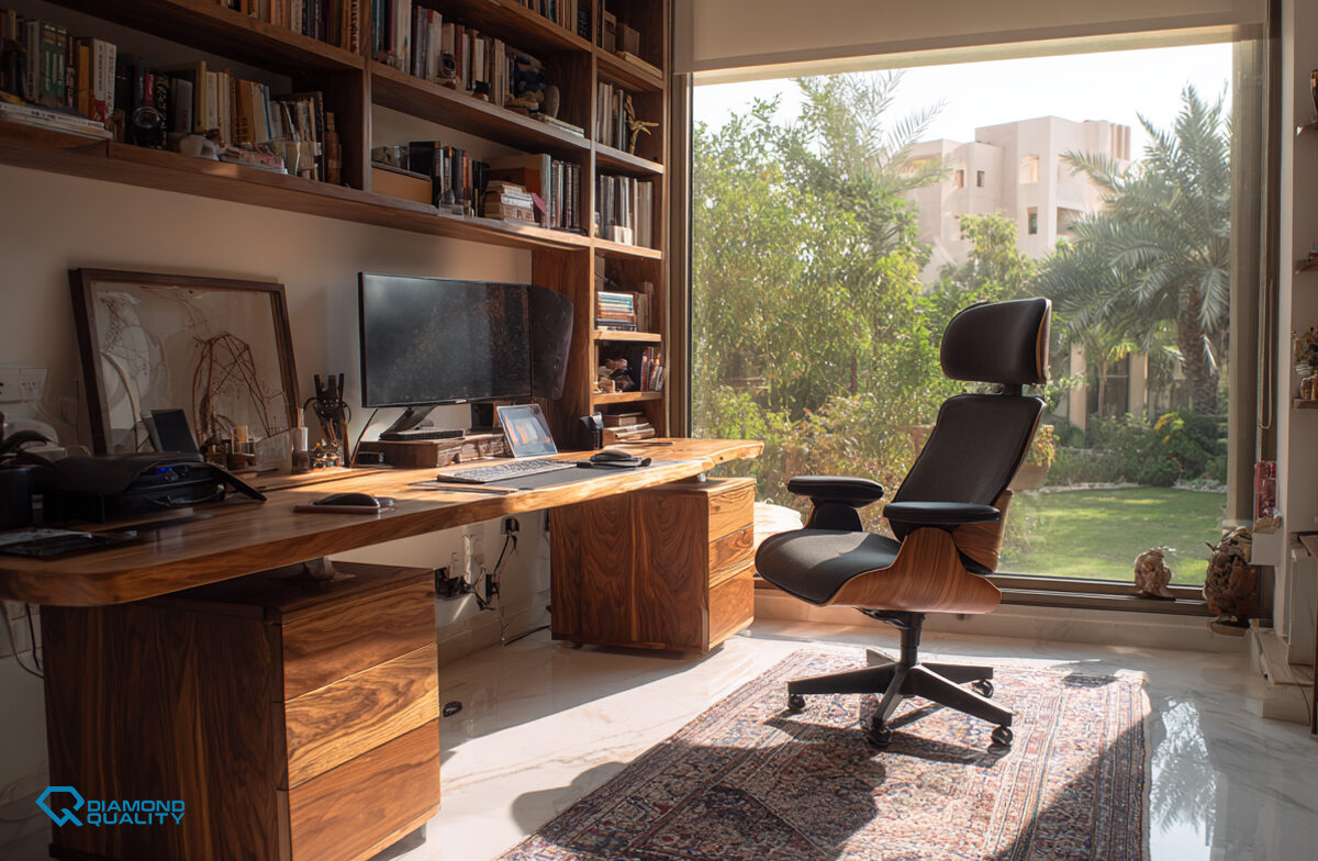 modern luxury home office design Dubai with natural light and minimalist furniture