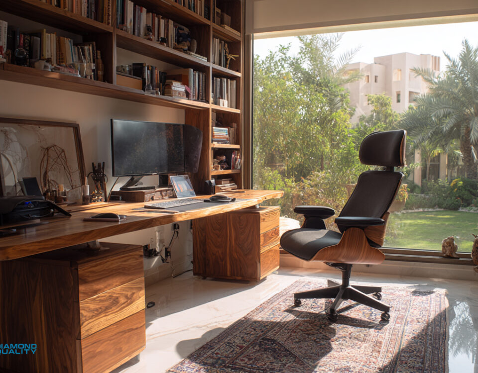 modern luxury home office design Dubai with natural light and minimalist furniture