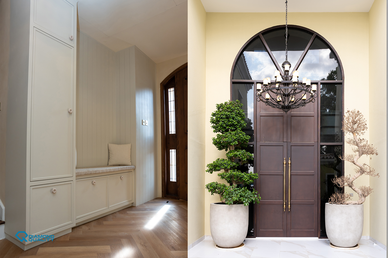 Villa entry with wooden double doors, chandelier, and potted plants designed by Diamond Quality.