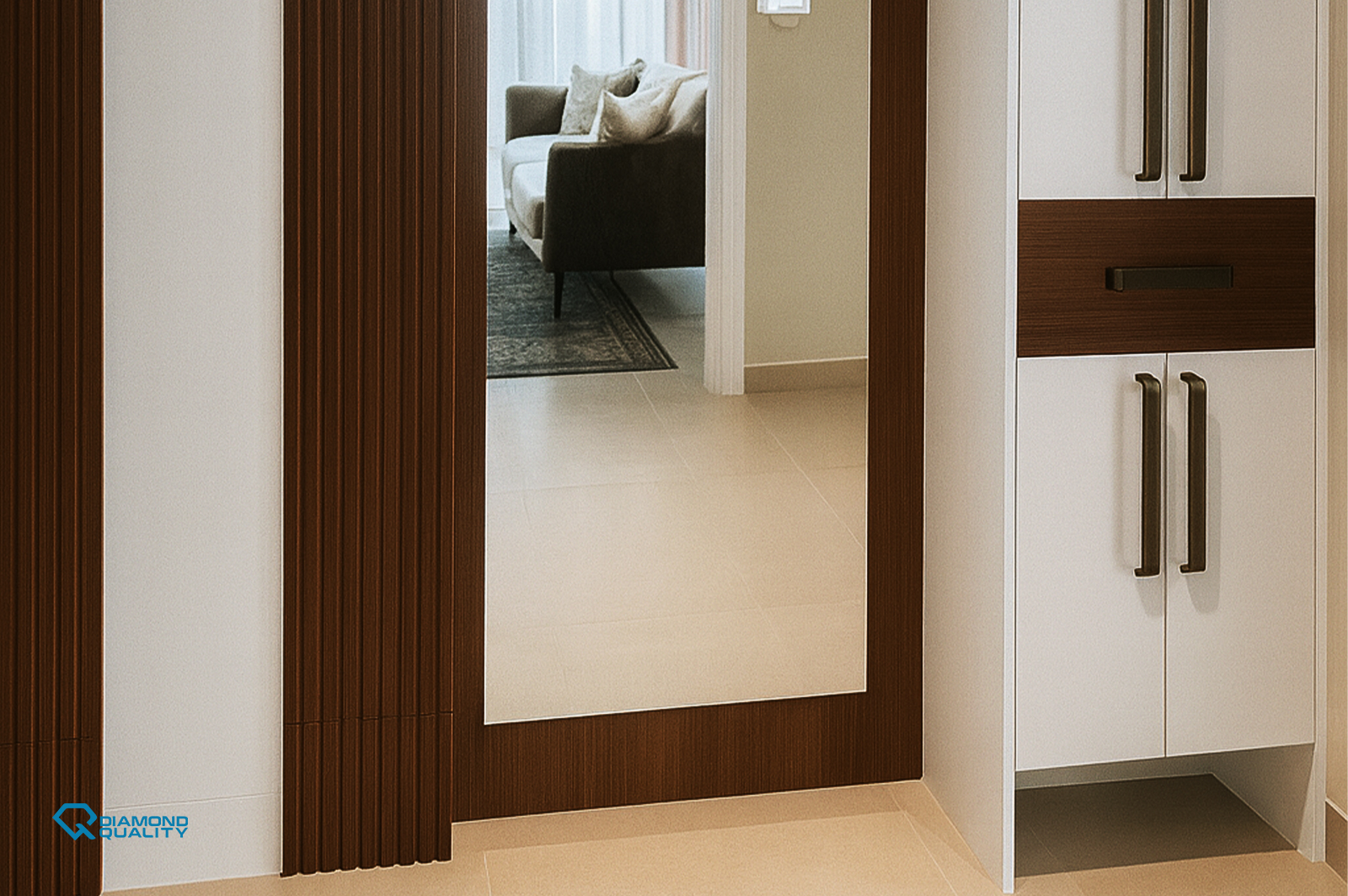 Fluted wooden wall panels and integrated mirror – High End Apartment Renovation Sharjah