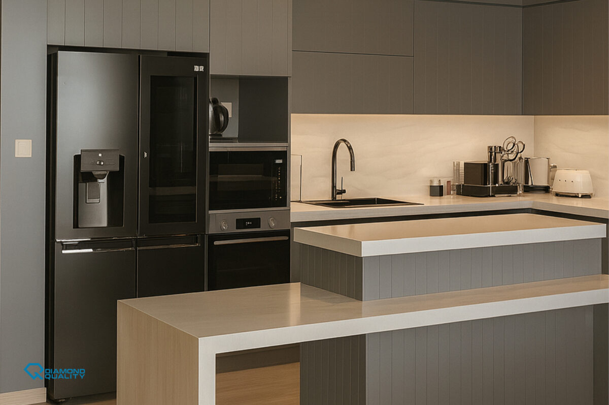 Stylish grey kitchen cabinetry and lighting design in High End Modern Apartment Renovation Dubai