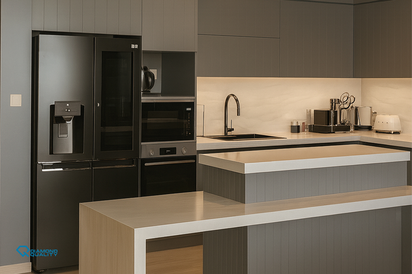 Stylish grey kitchen cabinetry and lighting design in High End Modern Apartment Renovation Dubai