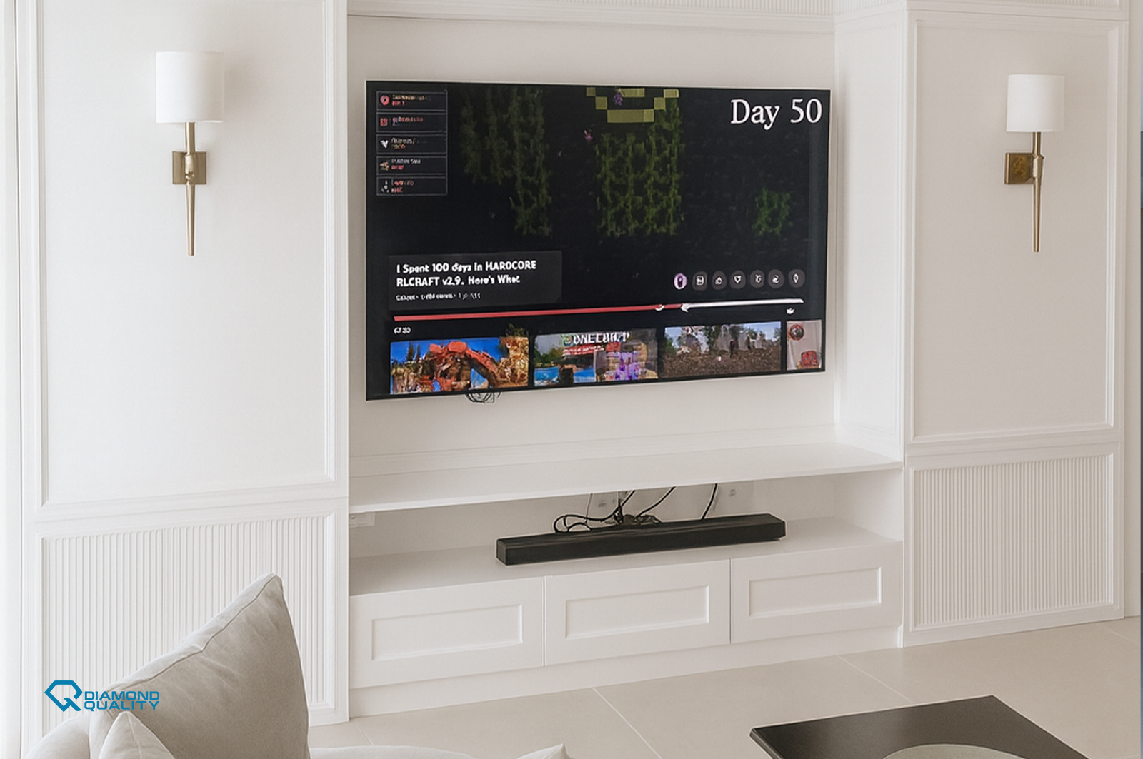 Minimal white TV wall with integrated LED lighting – High End Apartment Renovation Sharjah