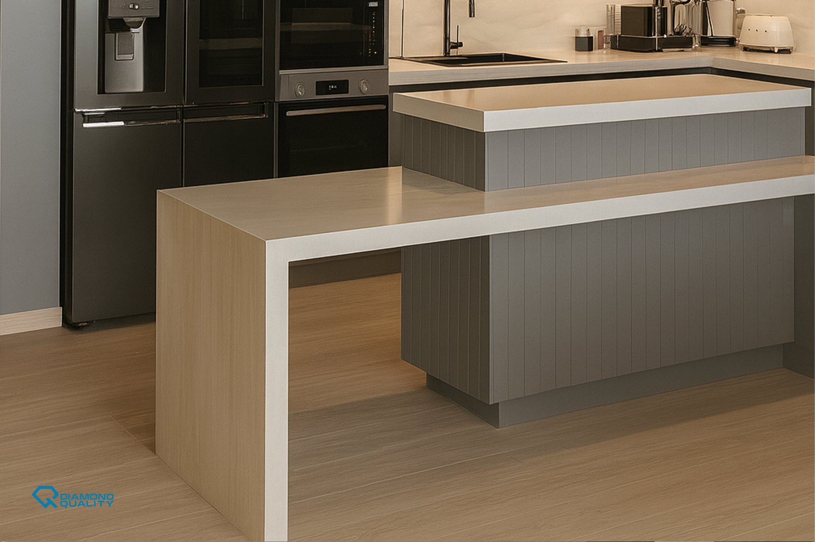 Custom kitchen island with wood and quartz surface in High End Modern Apartment Renovation Dubai