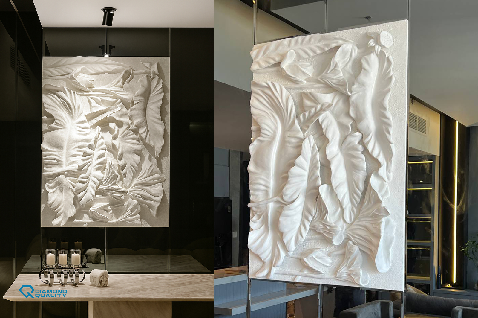 Decorative white sculptural wall centerpiece in High End Modern Apartment Renovation Dubai