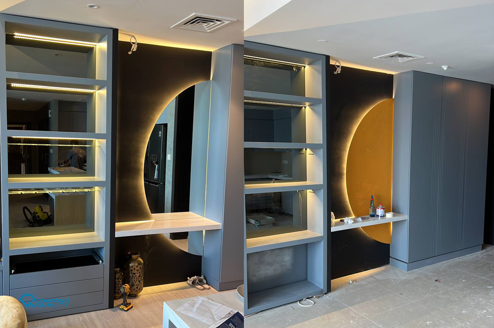 LED circular wall design during renovation in High End Modern Apartment Renovation Dubai