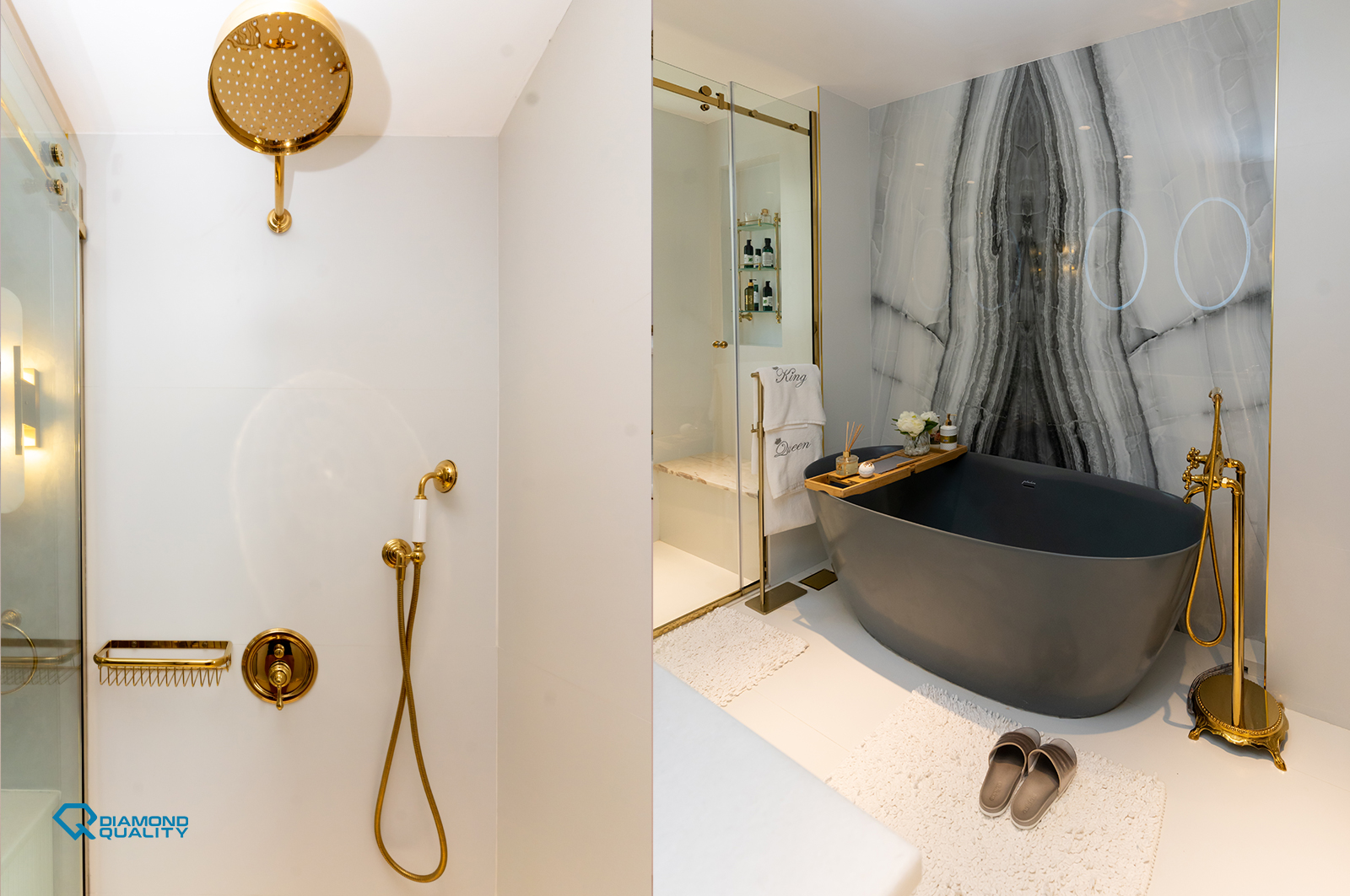 Modern marble bathroom with freestanding bathtub and gold shower in villa renovation Dubai.