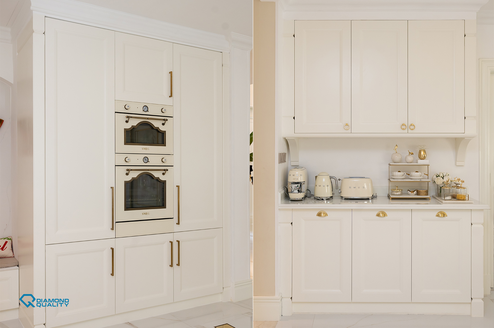 Elegant cream kitchen cabinets with SMEG appliances and gold handles — classic modern villa renovation Dubai.