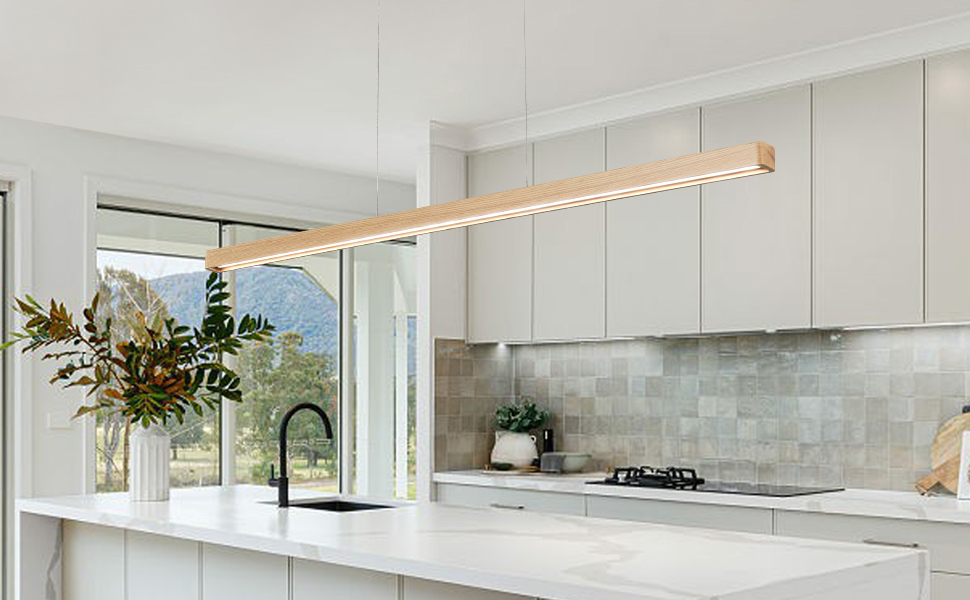 YISDESIGN 59" Natural Wood LED Linear Pendant Light Fixture 40W ...