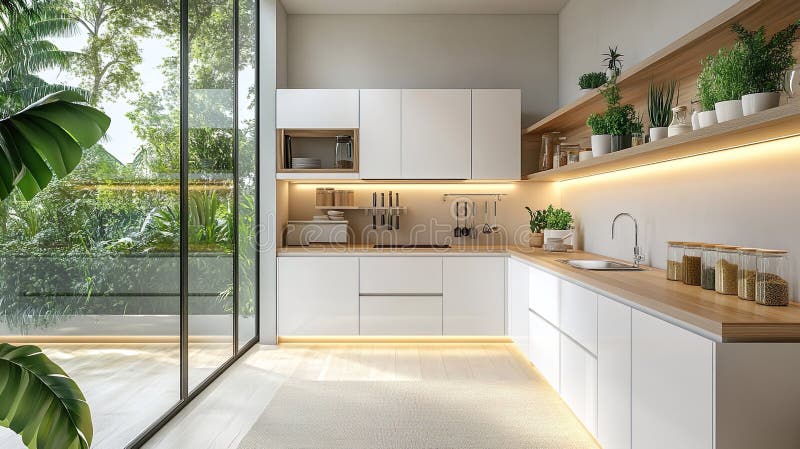 Bright Modern Kitchen Natural Light Streaming Glass Wall Space ...