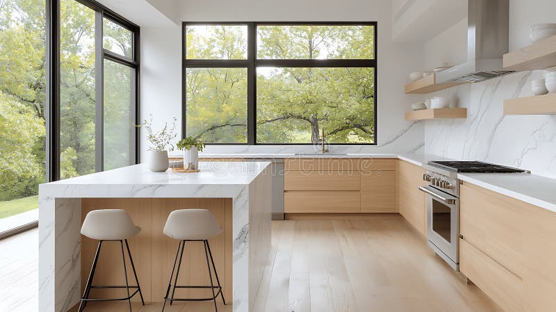 Modern Kitchen Design, Marble Island, Light Wood - Minimalist ...